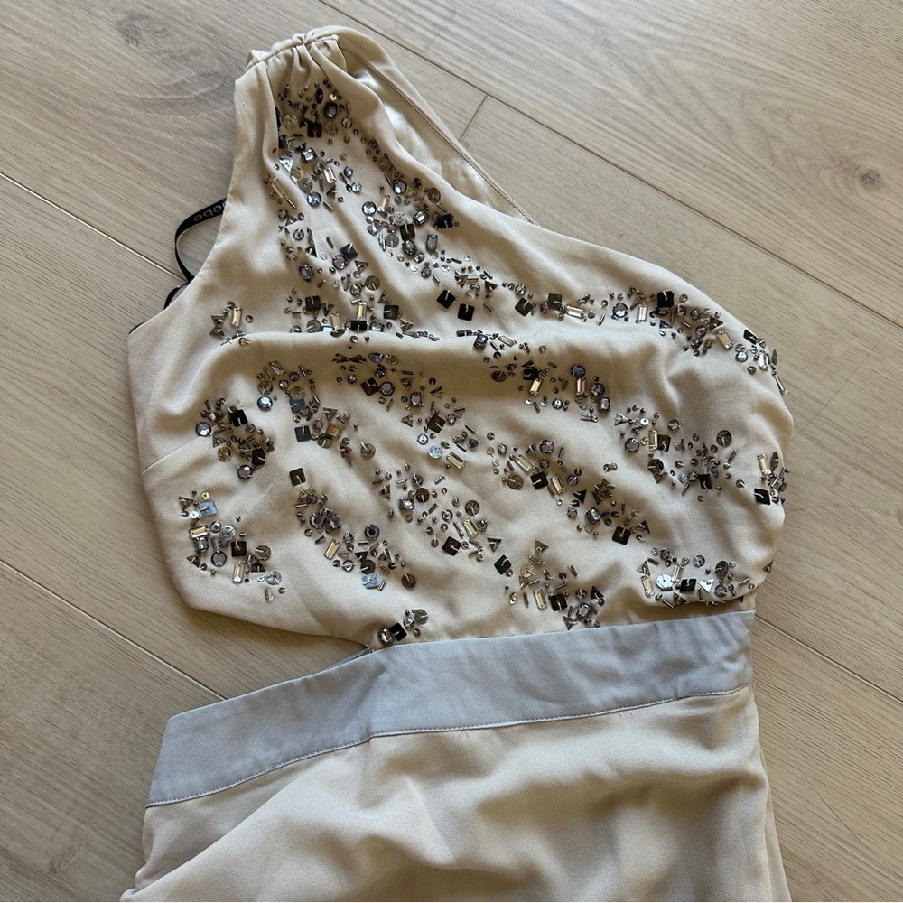 Bebe Cream One-Shoulder Dress with Embellishments, 2000s style